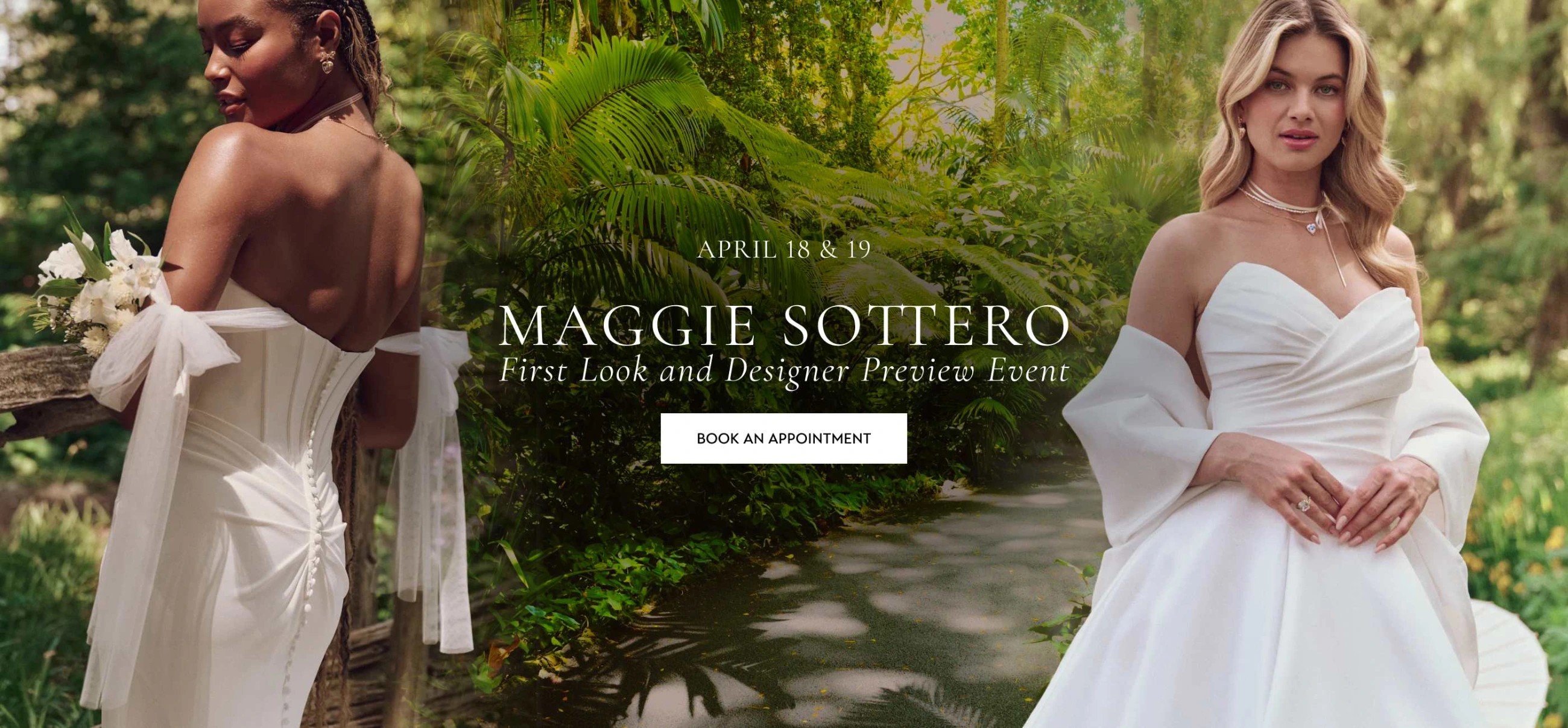 Models wearing Maggie Sottero Aubrielle and Jace gowns desktop banner