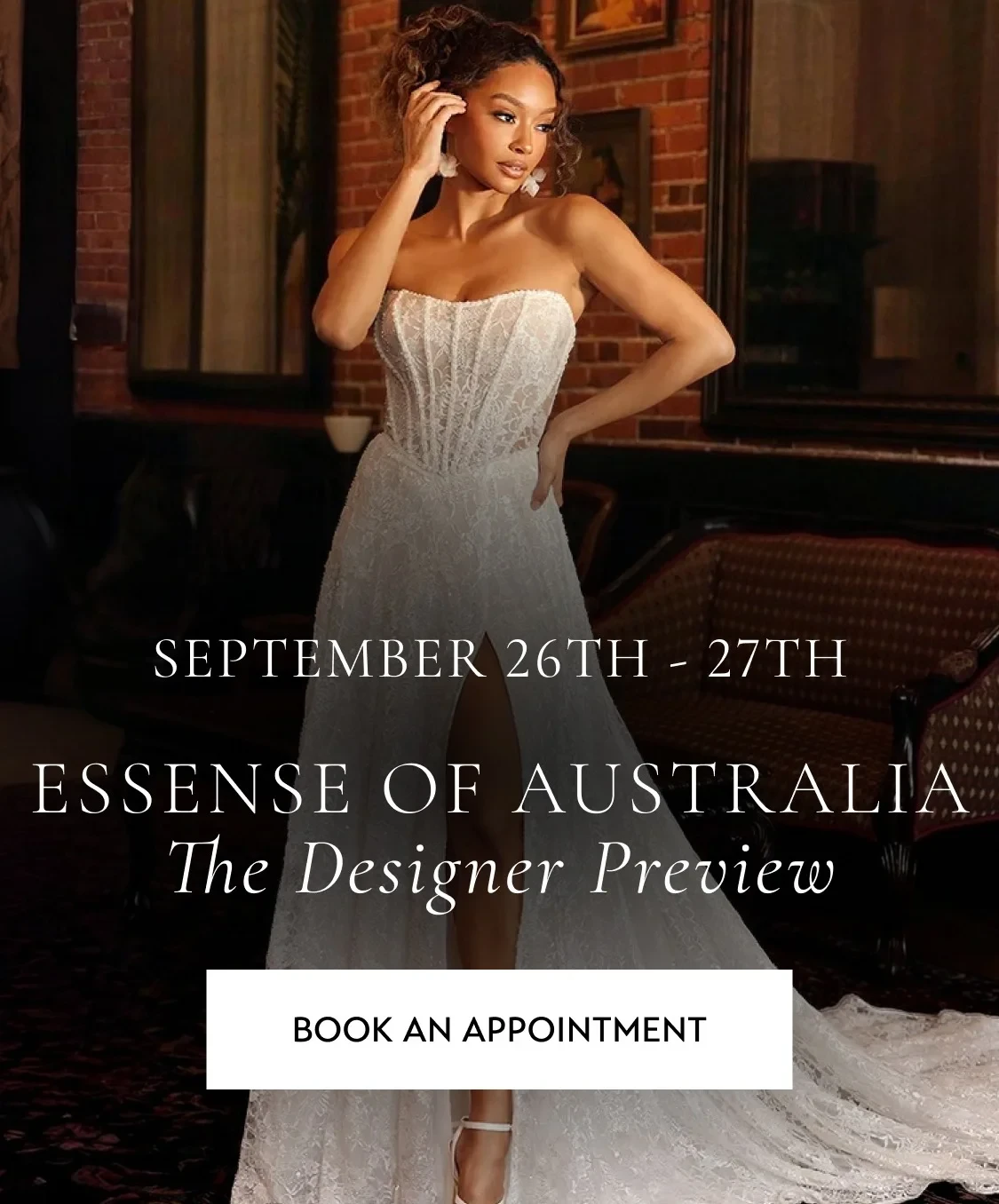Model wearing Essense of Australia gown, mobile banner