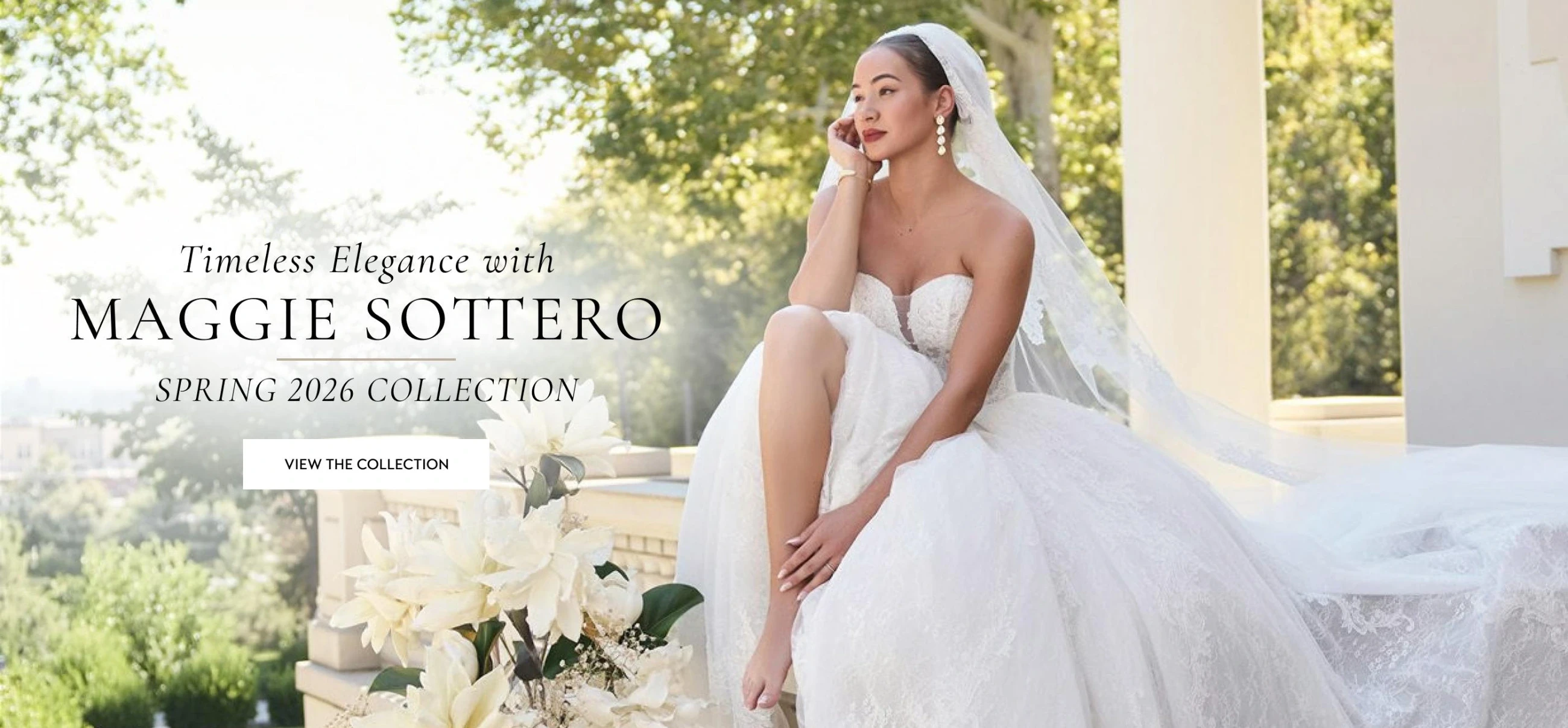 Model wearing Maggie Sottero bridal dress, desktop banner