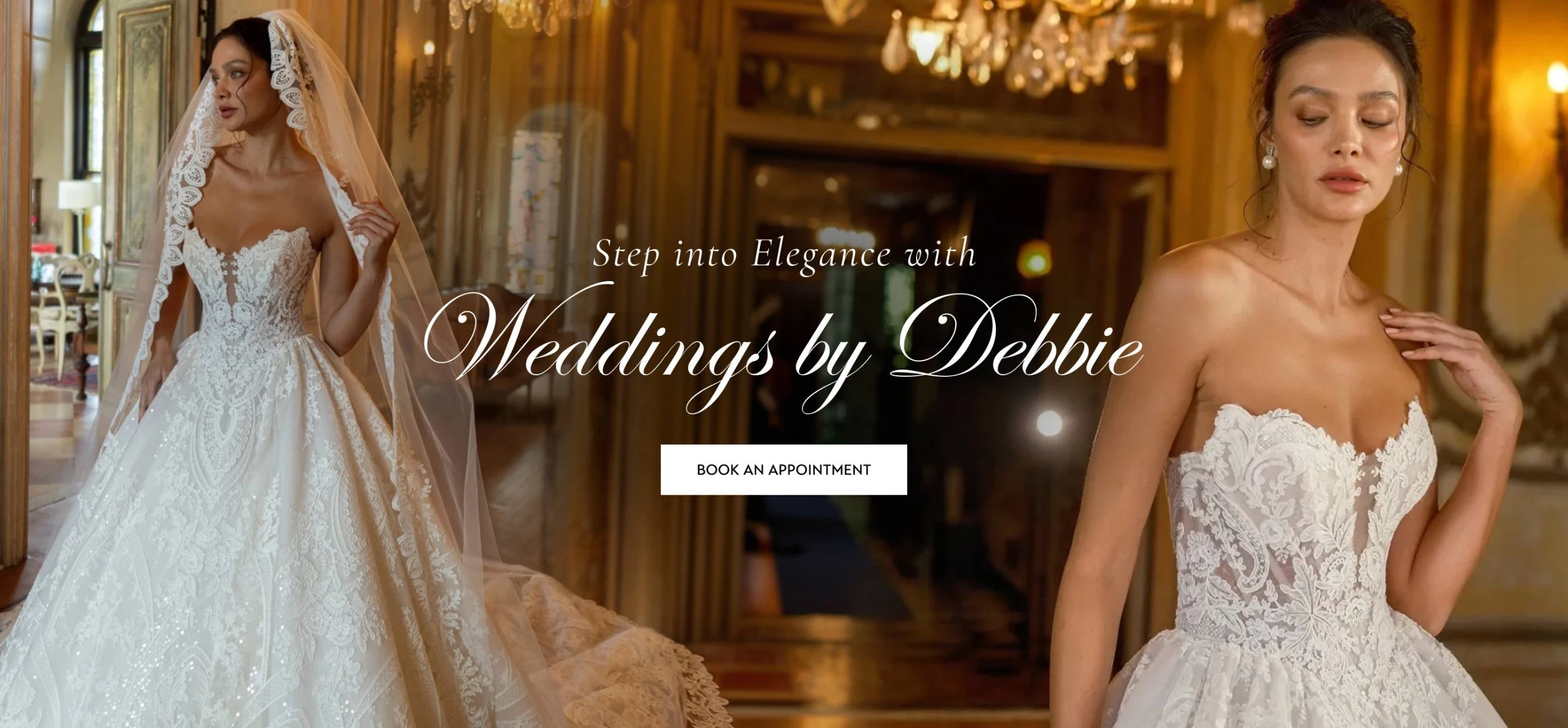 Model wearing Eve of Milady bridal dress, desktop banner