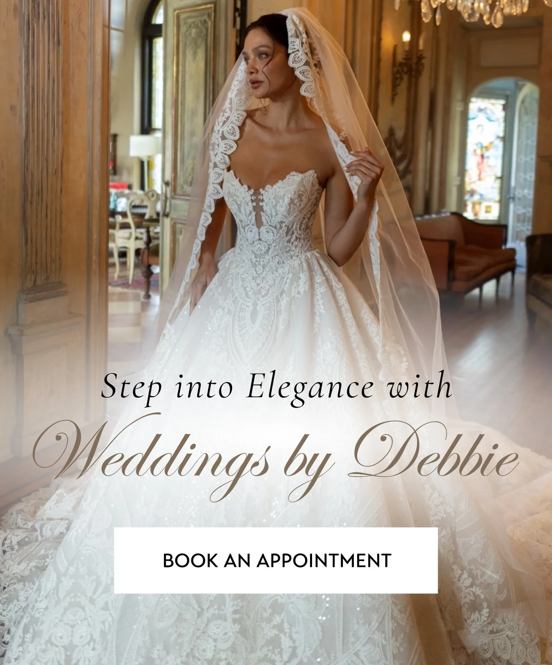 Model wearing Eve of Milady bridal dress, mobile banner