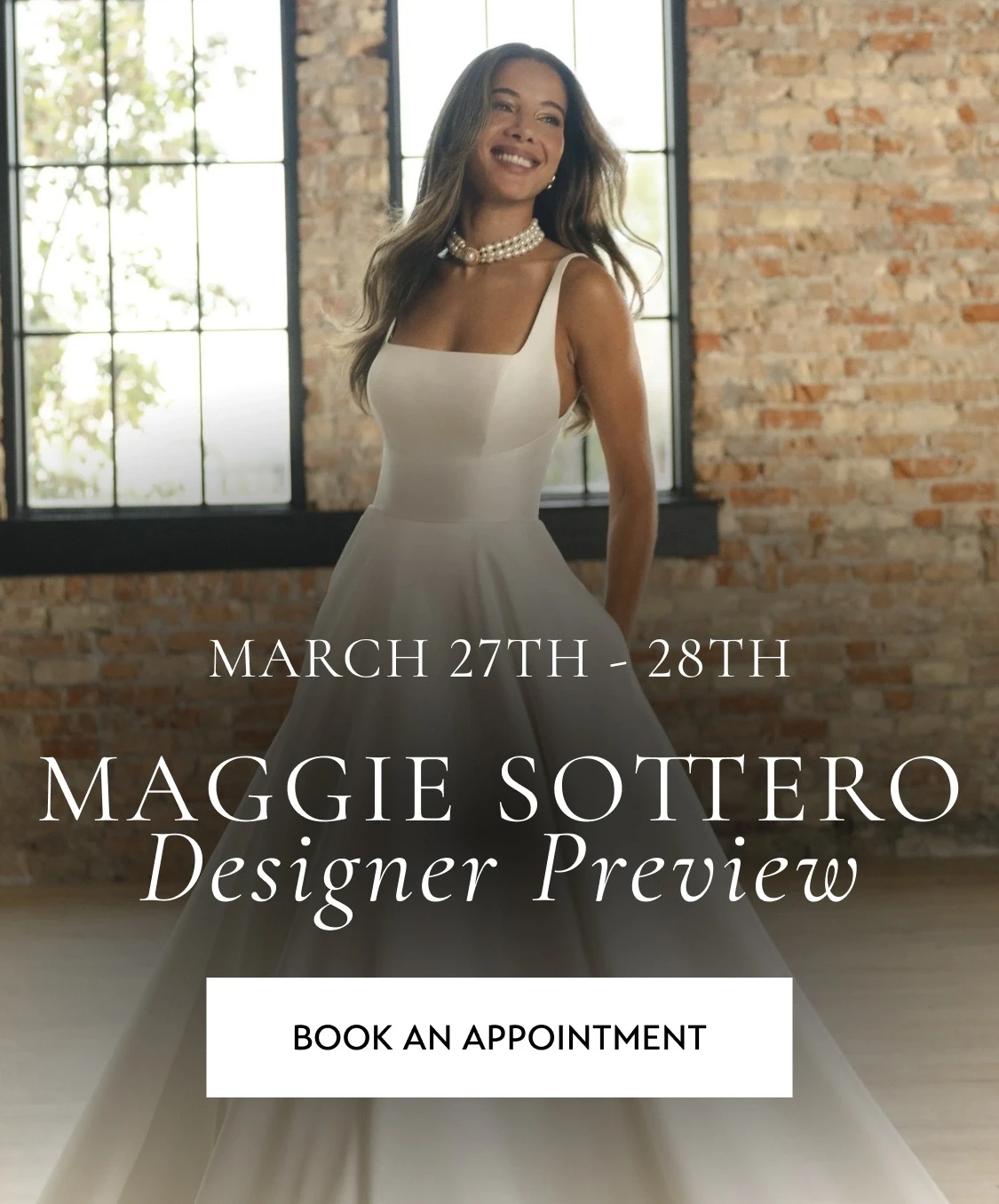 Model wearing Maggie Sottero bridal dress, Designer preview mobile banner