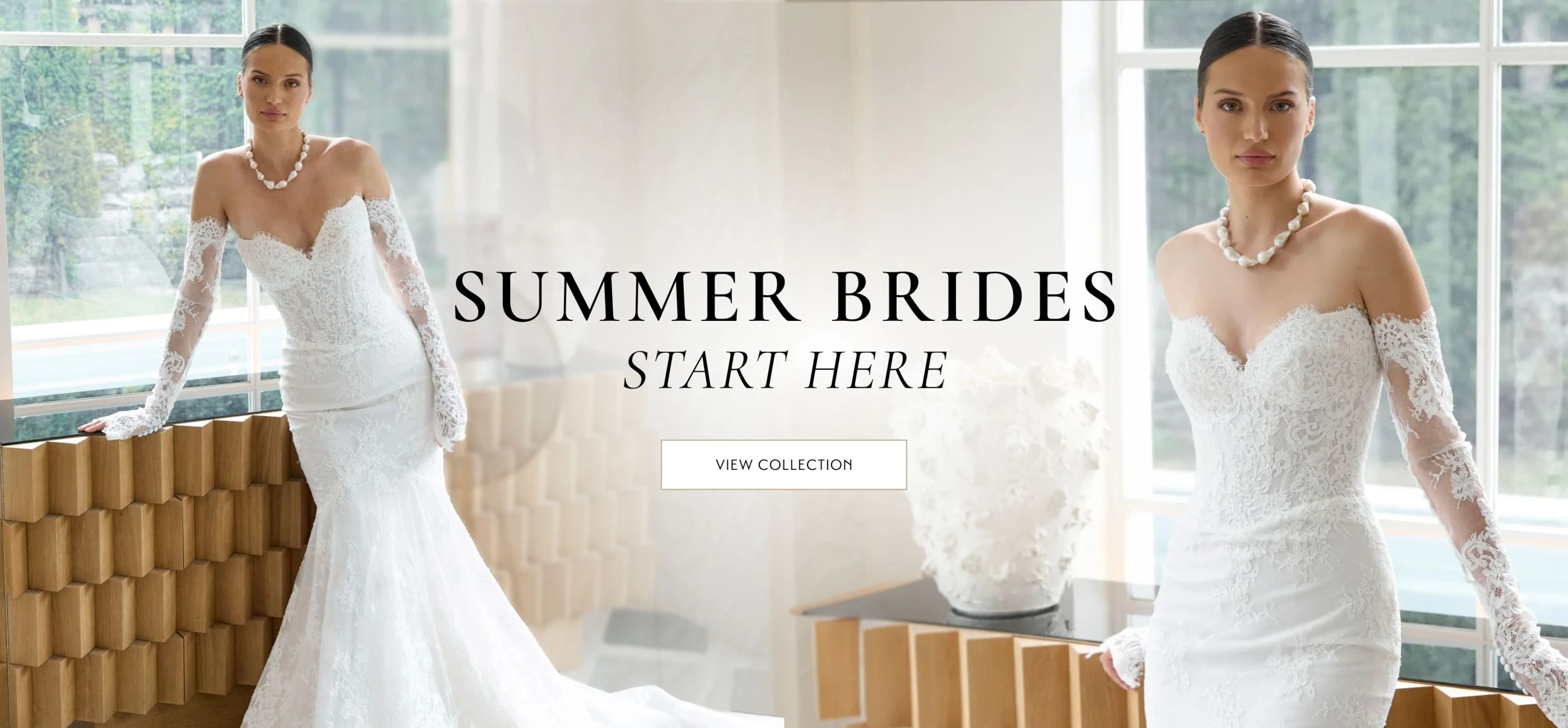 Models wearing bridal gowns, summer brides desktop banner