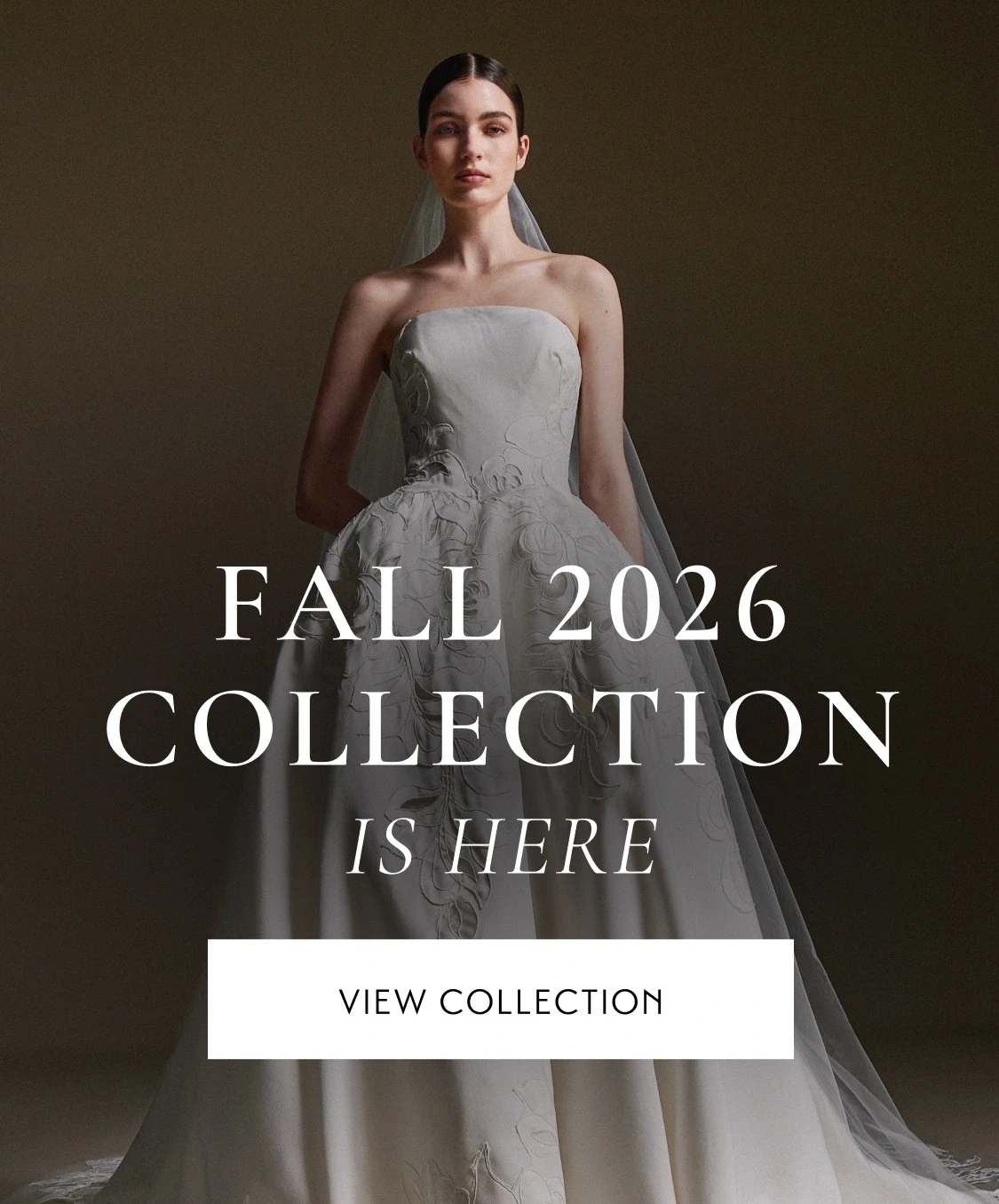 Model wearing bridal gown, fall 2026 collection mobile banner