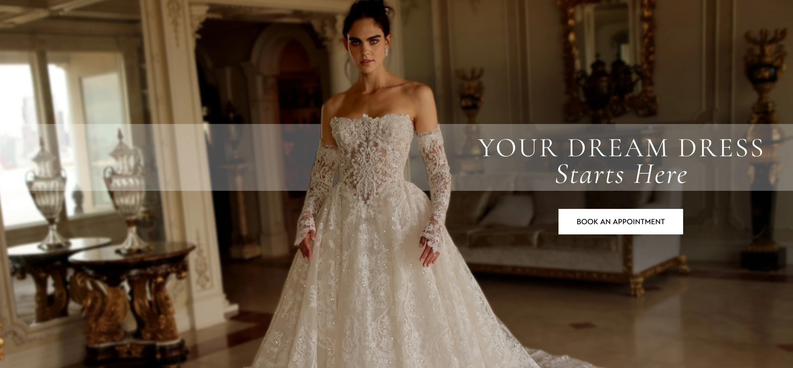 Model wearing Eve of Milady bridal gown, desktop banner