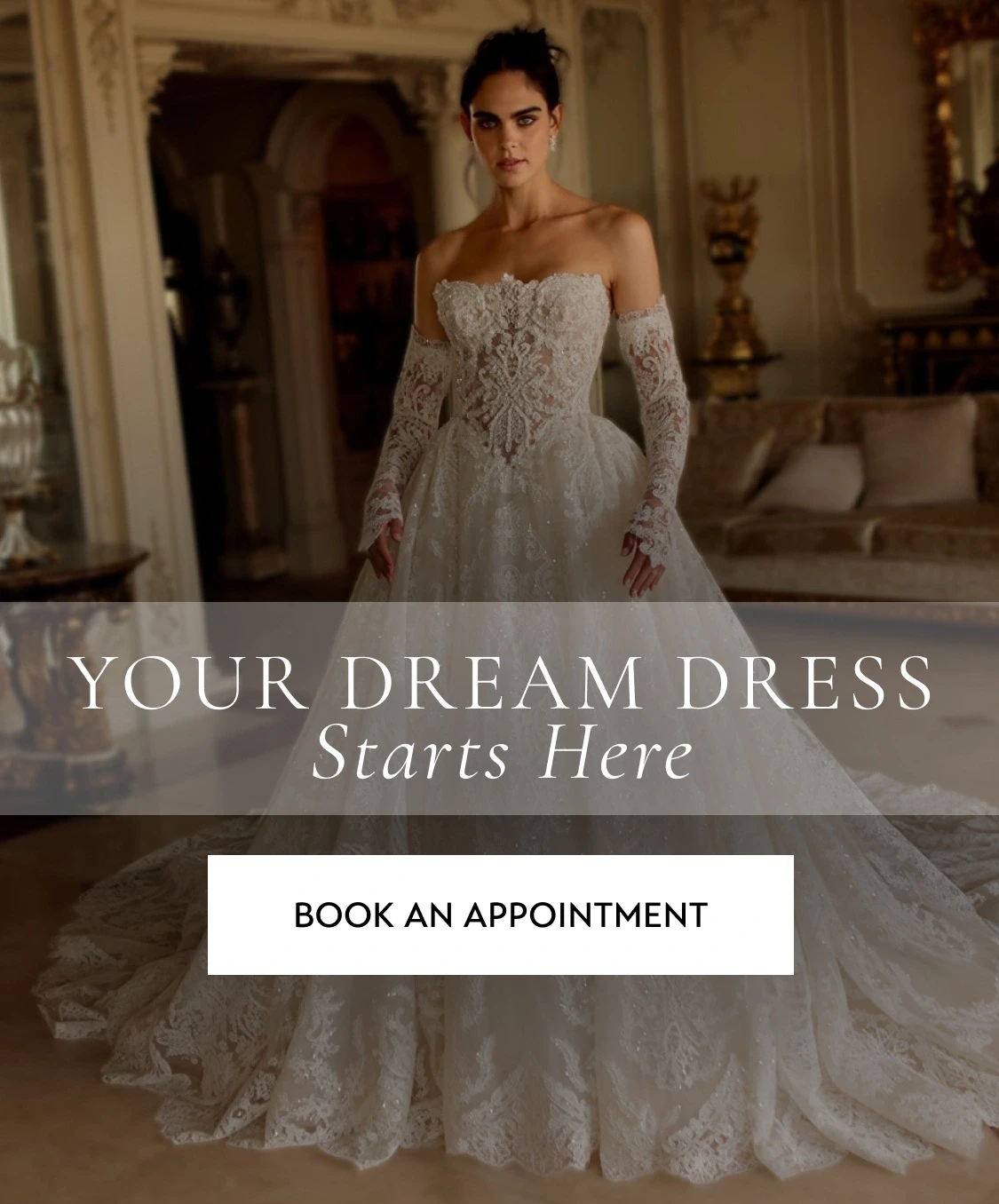 Model wearing Eve of Milady bridal gown, mobile banner