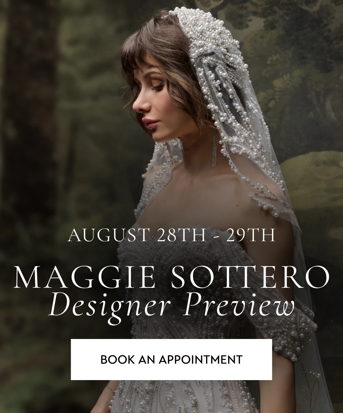 Model wearing Maggie Sottero wedding dress, Designer preview mobile banner