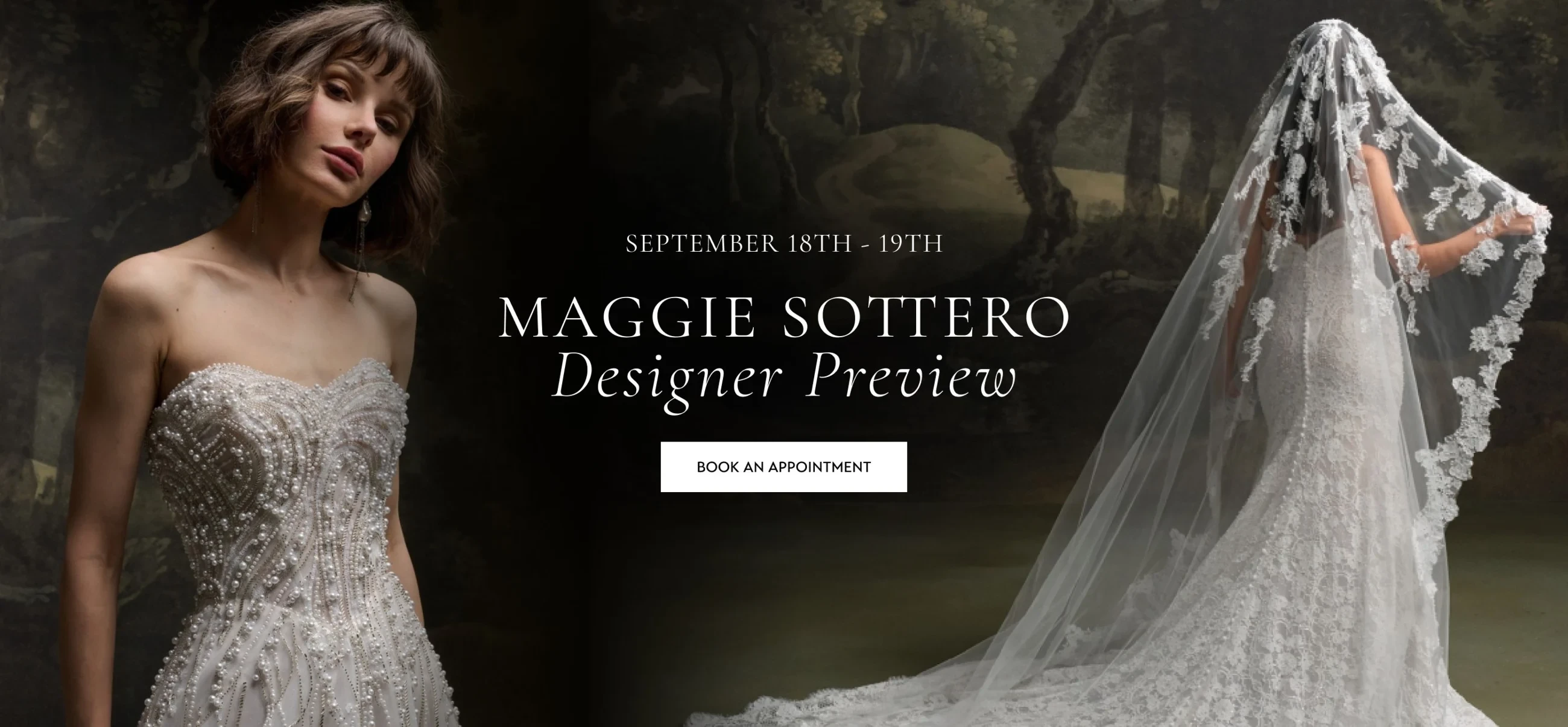 Models wearing Maggie Sottero bridal dresses, Designer preview desktop banner