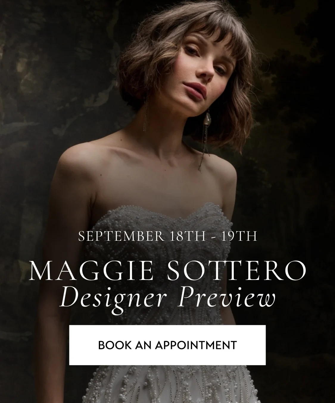 Model wearing Maggie Sottero bridal dres, designer preview mobile banner