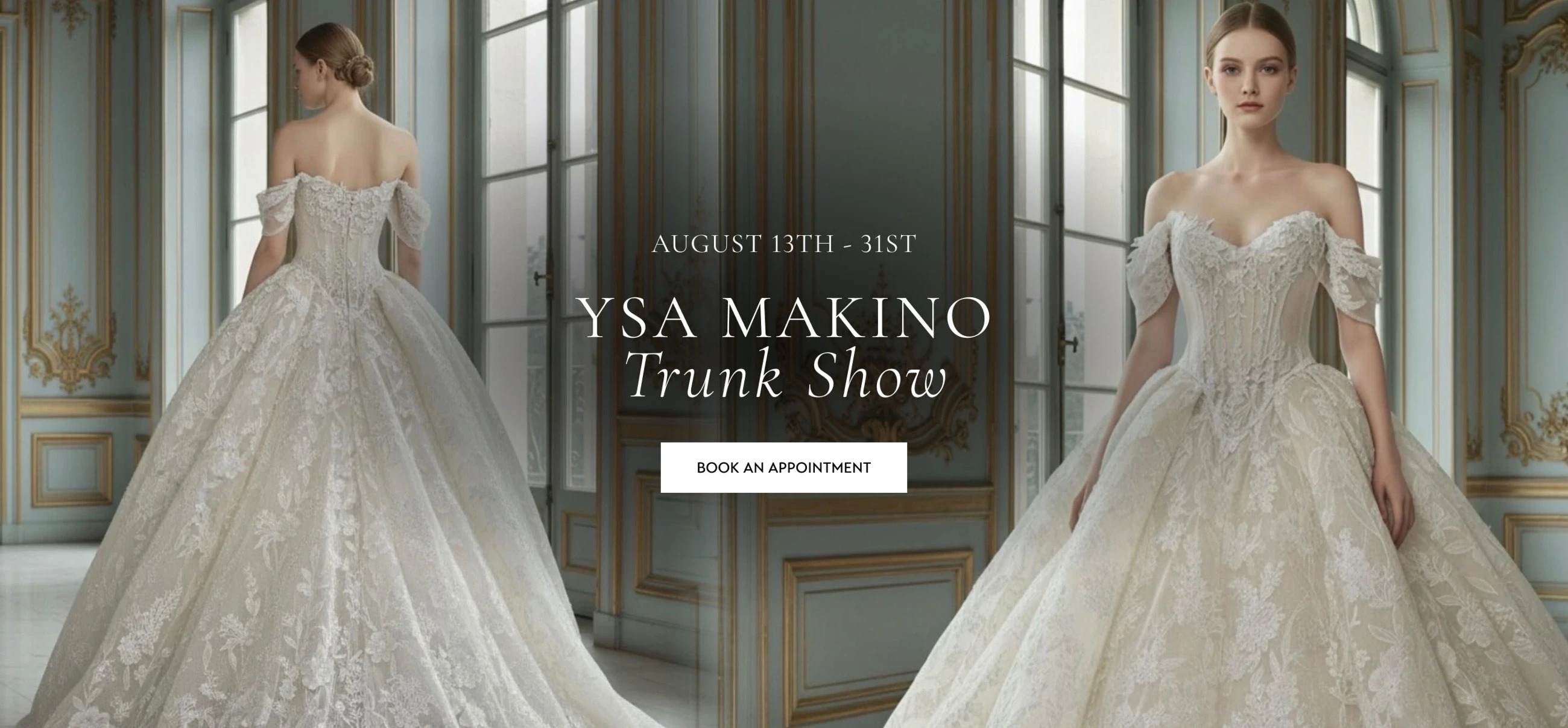 Model wearing YSA Makino bridal dress, trunk show desktop banner