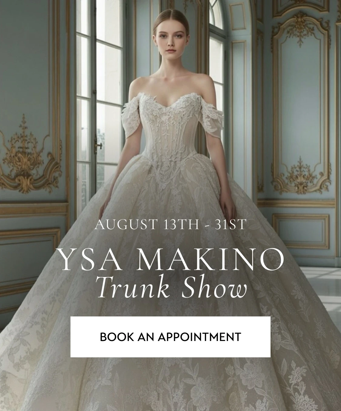 Model wearing YSA Makino bridal dress, trunk show mobile banner