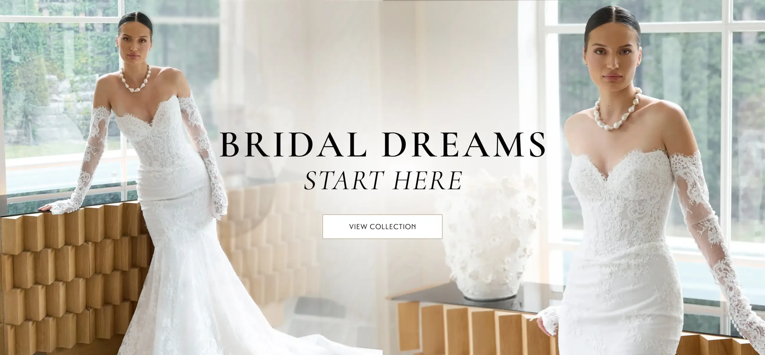 Models wearing bridal gowns, summer brides desktop banner