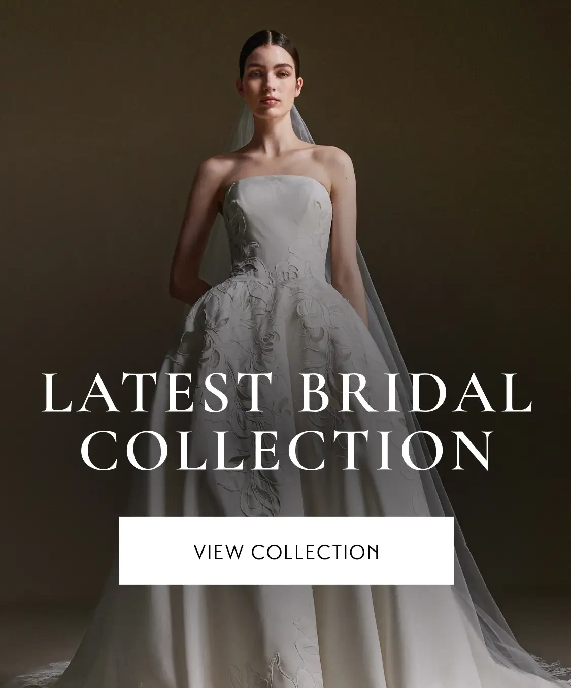 Model wearing bridal gown, fall 2026 collection mobile banner